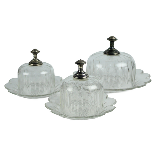 Set of 3 Pressed Glass Butter Dishes with Lids – European Vintage (ca. 1920–1950)