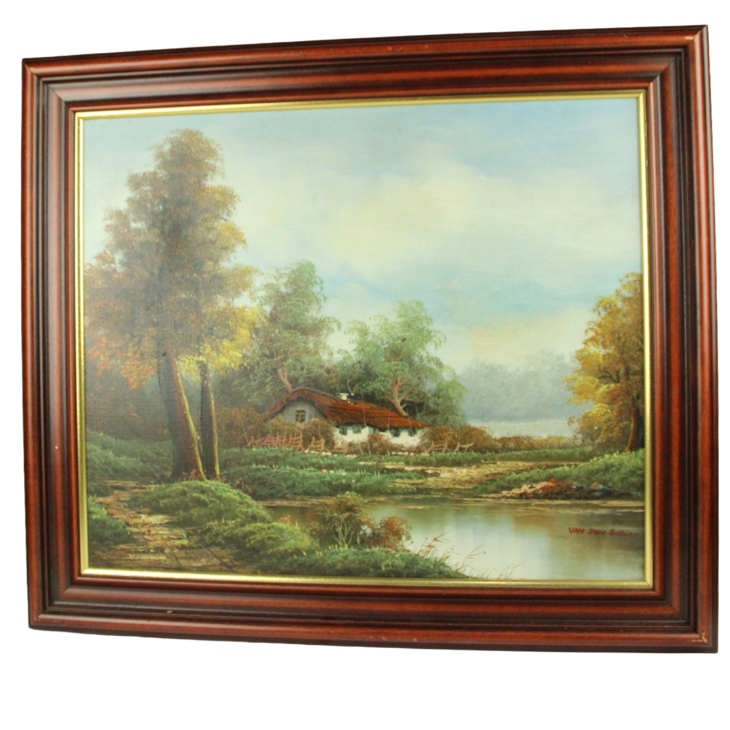 Oil Painting on Canvas – Rural Landscape with Farmhouse, Signed “Van den Burg” (Mid–Late 20th Century)