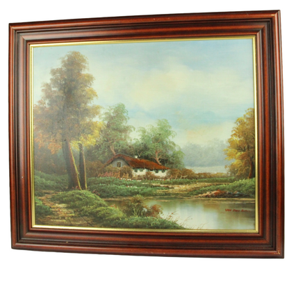Oil Painting on Canvas – Rural Landscape with Farmhouse, Signed “Van den Burg” (Mid–Late 20th Century)