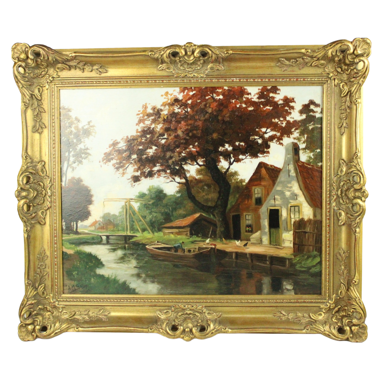 Oil Painting on Canvas – Dutch River Landscape with Farmhouse & Drawbridge (Mid-20th Century)