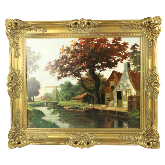 Oil Painting on Canvas – Dutch River Landscape with Farmhouse & Drawbridge (Mid-20th Century)