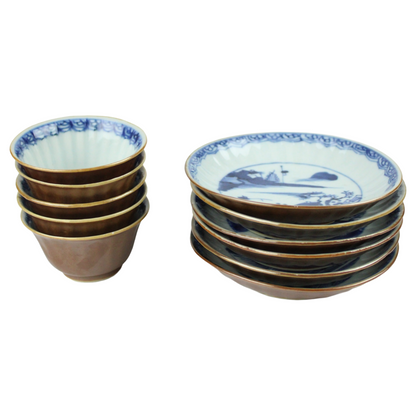 Set of 5 Chinese Export Porcelain Bowls with Matching Saucers – Batavia Brown Style (c. 1850–1900)