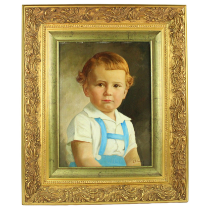 Vintage Oil Portrait of a Young Boy – Signed “Clay” – Gilt Ornate Frame (Mid-20th Century)