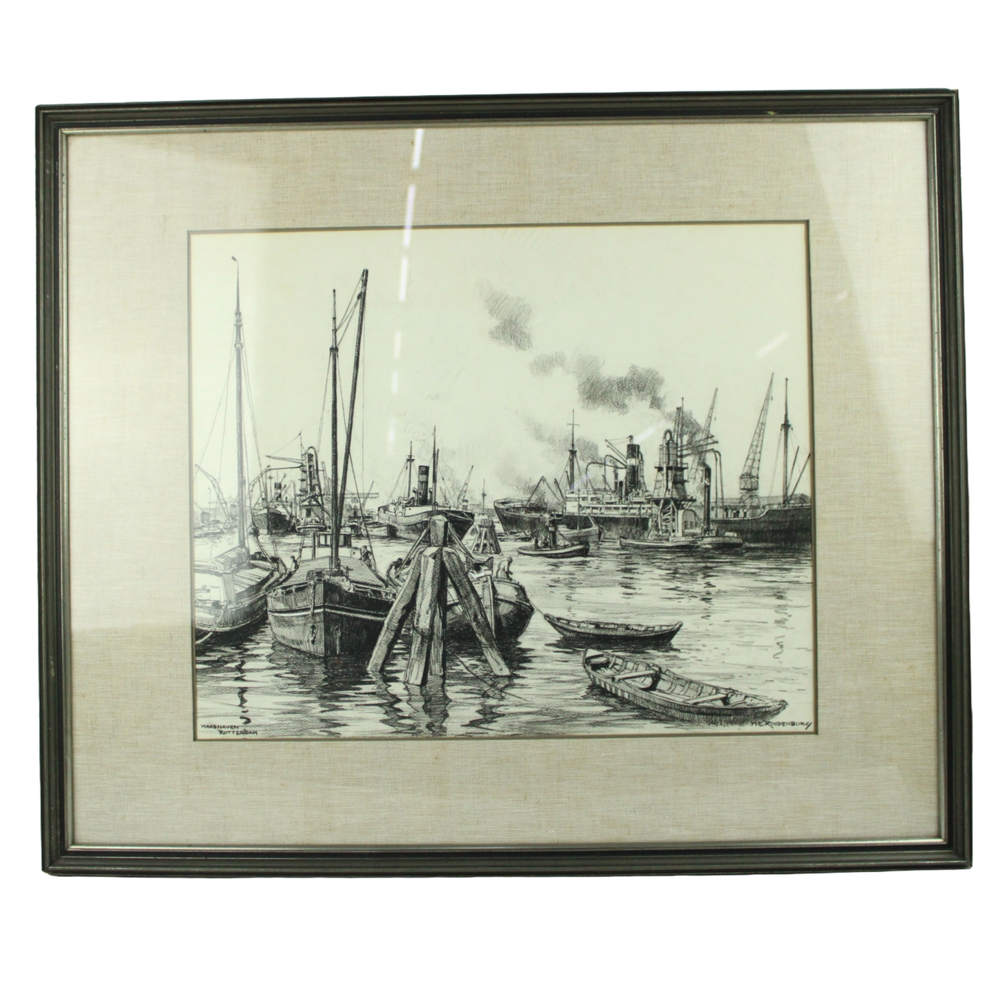 Framed Etching of Rotterdam Maas Harbor – Signed “H. Kloeneburg” – Mid-20th Century
