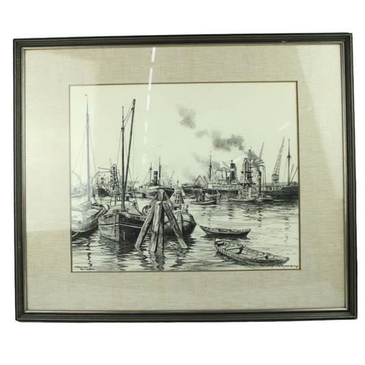 Framed Etching of Rotterdam Maas Harbor – Signed “H. Kloeneburg” – Mid-20th Century