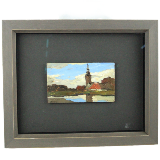 Small Oil Painting on Panel – Village Scene with Church – Signed, c. 1960–1980