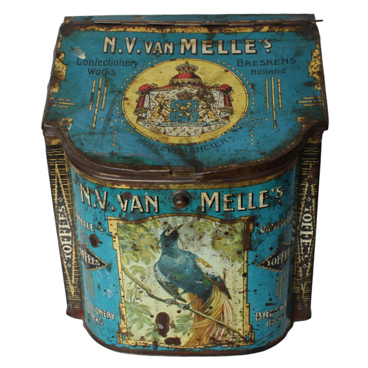 Zeldzaam antiek Van Melle reclameblik met exotische vogels – Breskens ca. 1920