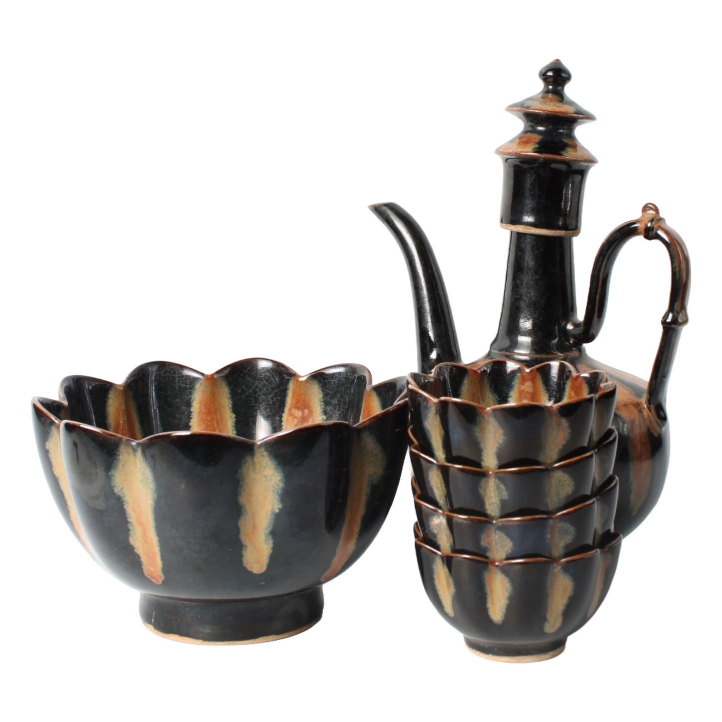 Mid-century keramisch theeservies met druipglazuur (ca. 1950–1970)