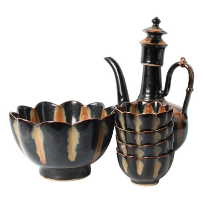 Mid-century keramisch theeservies met druipglazuur (ca. 1950–1970)
