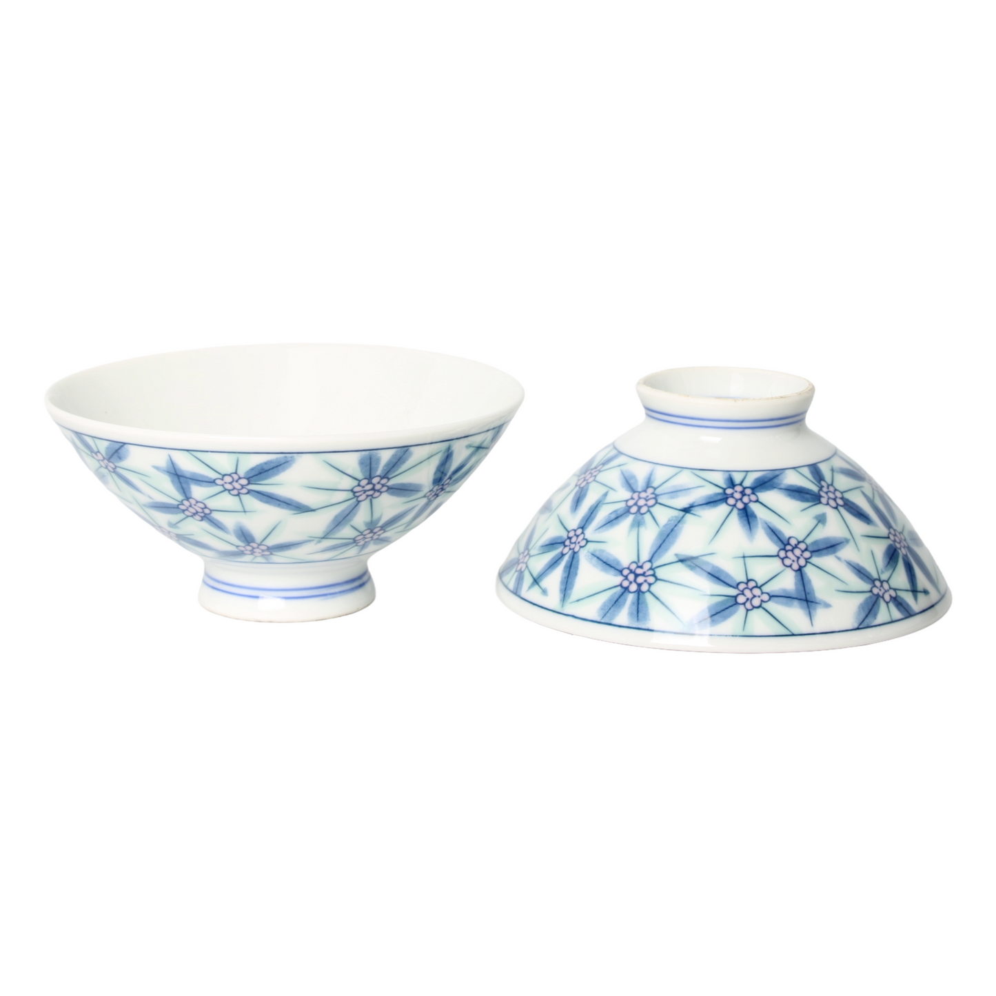 Set van 2 Japanse porseleinen Tayo-kommen – Asanoha-patroon (ca. 1950–1970)