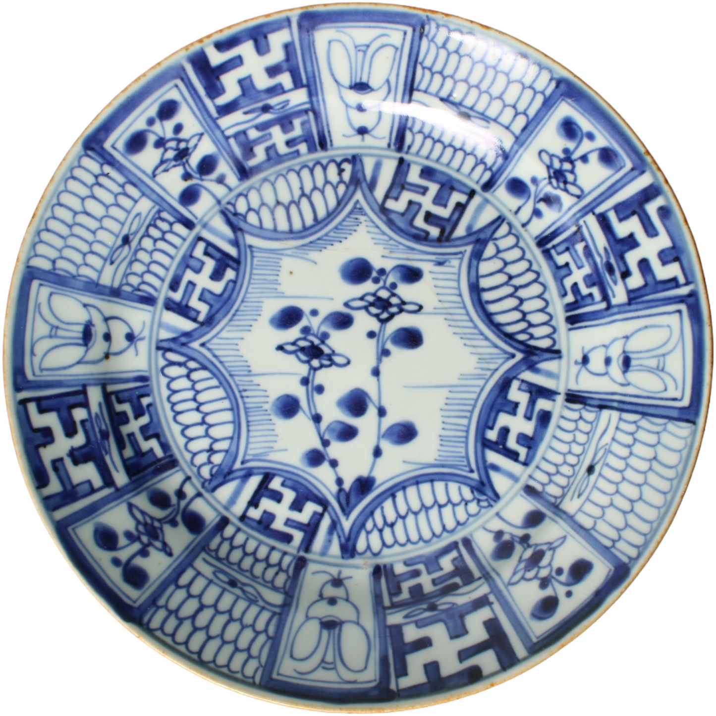 Blue and White Chinese Porcelain Plate in Kangxi / Kraak Style (19th Century)