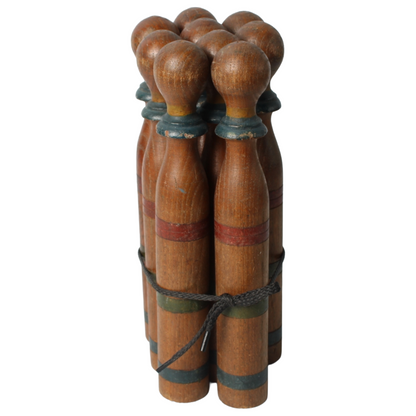 Antique Wooden Skittles (Bowling Pins) – Set of 9, ca. 1880–1920