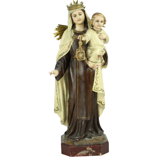 Early 20th Century Virgin del Carmen Statue – Polychrome Wooden Devotional Figure (c. 1900–1930)