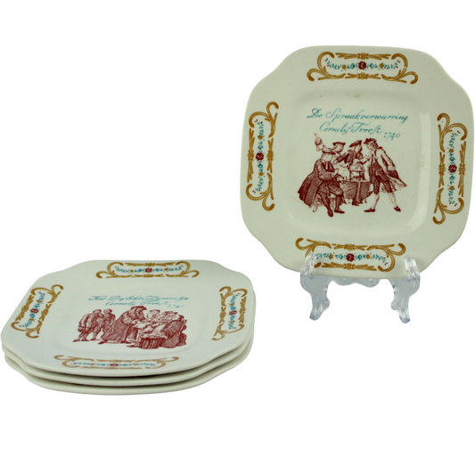 Set of 4 Antique Dessert Plates – Boch Frères Keramis, “De Spraakverwarring” after Cornelis Troost (ca. 1900–1930)