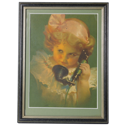 Vintage Print “Girl with Telephone” – Framed Color Illustration (ca. 1910–1930)
