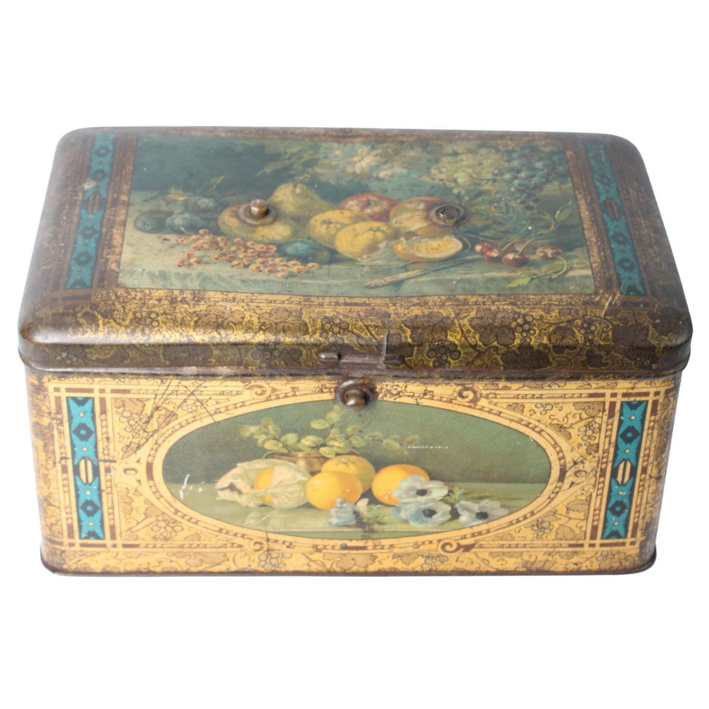 Antique Tin Container with Fruit Still Life Decoration, c. 1890–1910