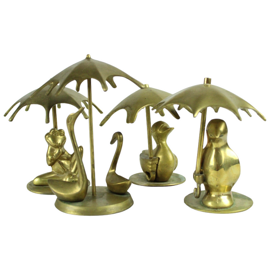 Vintage Brass Animal Figurines with Umbrellas – Set of Decorative Miniatures (ca. 1960–1980)