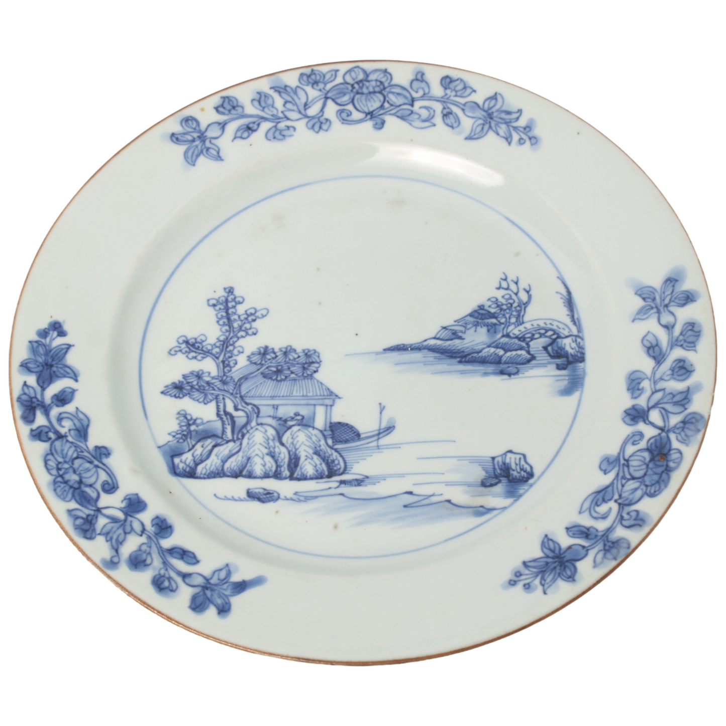Oval Blue and White Porcelain Plate with Landscape Decoration – 19th Century