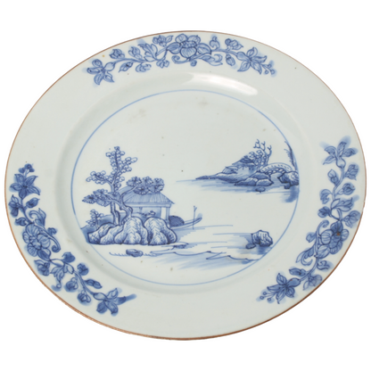 Oval Blue and White Porcelain Plate with Landscape Decoration – 19th Century