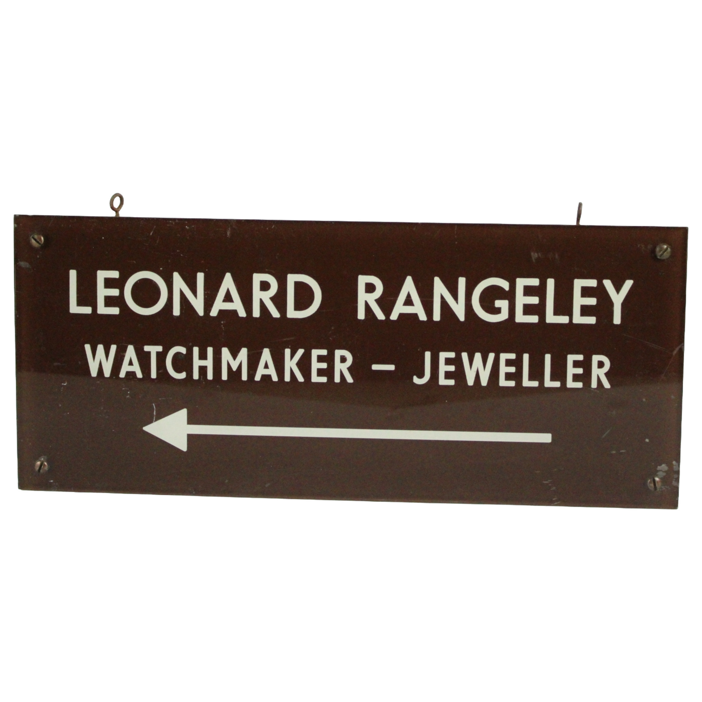 Vintage Enamel Shop Sign – “Leonard Rangeley, Watchmaker & Jeweller” (ca. 1920–1950