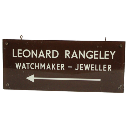 Vintage Enamel Shop Sign – “Leonard Rangeley, Watchmaker & Jeweller” (ca. 1920–1950