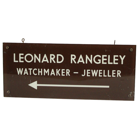 Vintage Enamel Shop Sign – “Leonard Rangeley, Watchmaker & Jeweller” (ca. 1920–1950