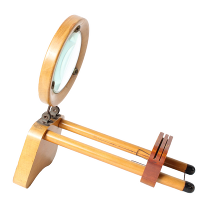 Antique Folding Reading Magnifier on Wooden Stand, ca. 1880–1920