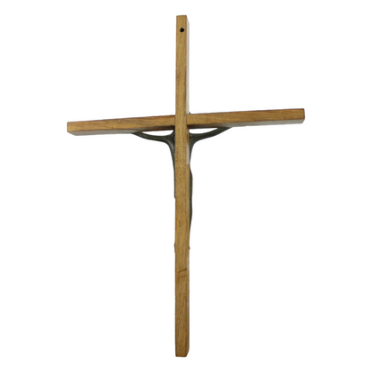 Mid-Century Modern Crucifix – Wooden Cross with Stylized Metal Corpus (ca. 1950–1970)
