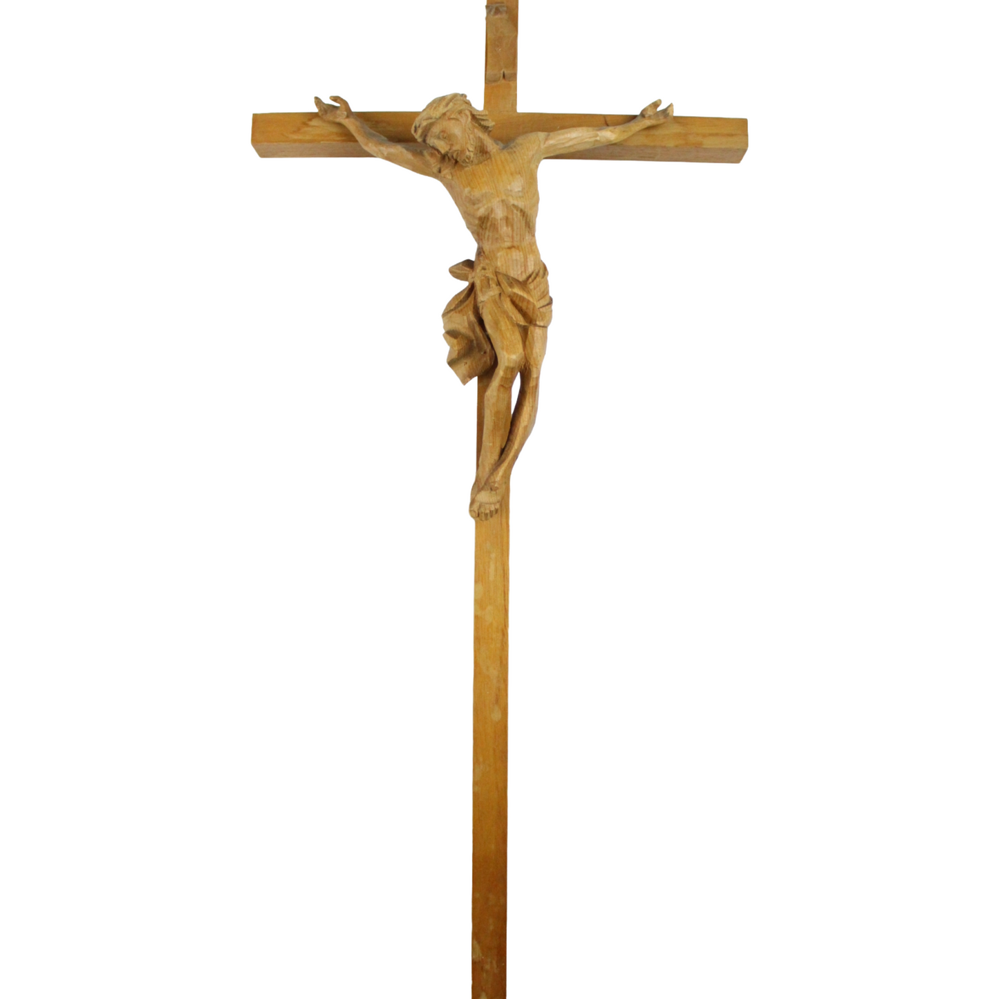 Hand-Carved Wooden Crucifix – Folk Art Wall Cross (ca. 1960–1980)