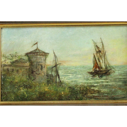 Antique Maritime Oil Painting on Panel – Sailing Ship Coastal Scene (c. 1880–1910)