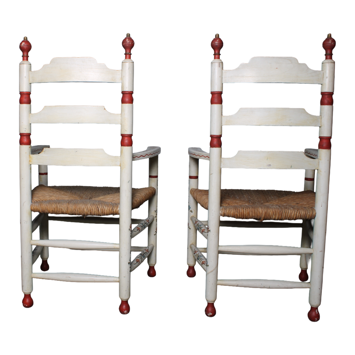 Pair of Hand-Painted Ladderback Armchairs with Rush Seats, Mid-20th Century