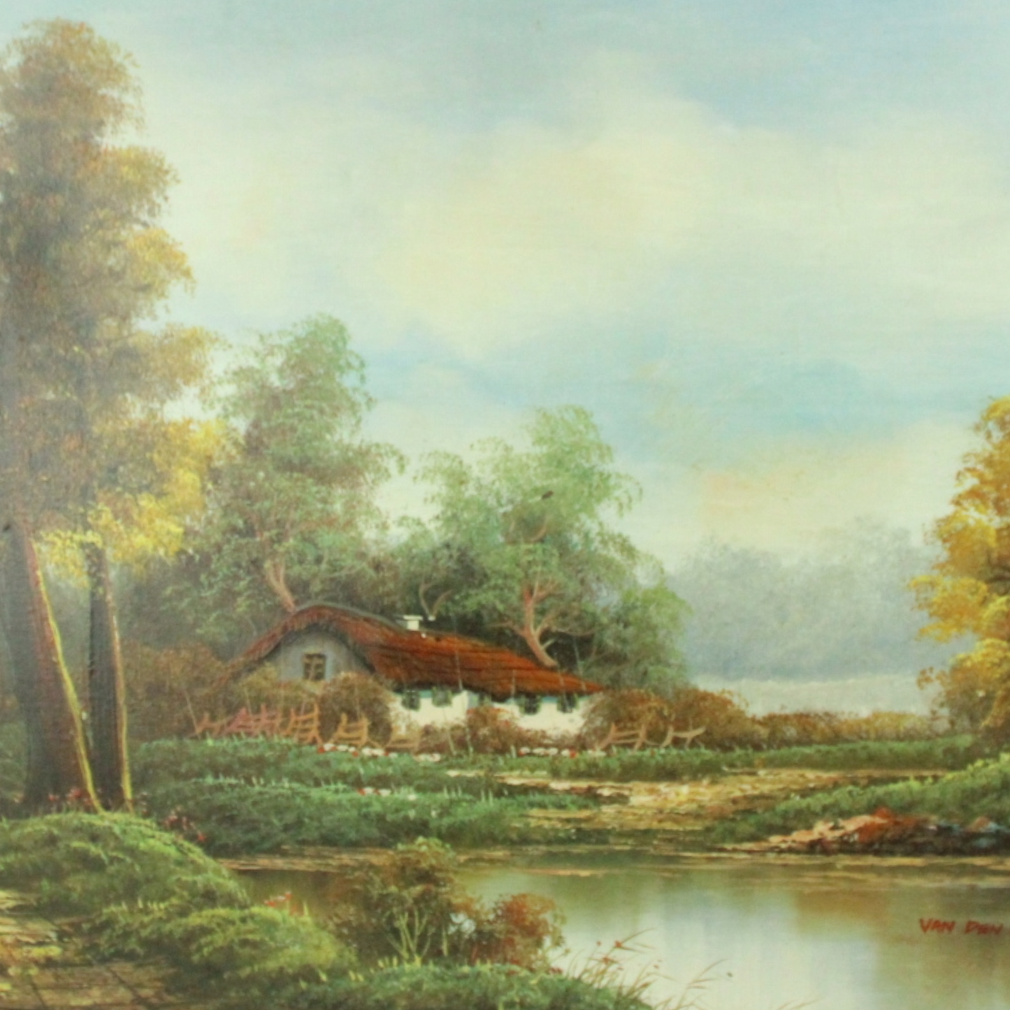 Oil Painting on Canvas – Rural Landscape with Farmhouse, Signed “Van den Burg” (Mid–Late 20th Century)