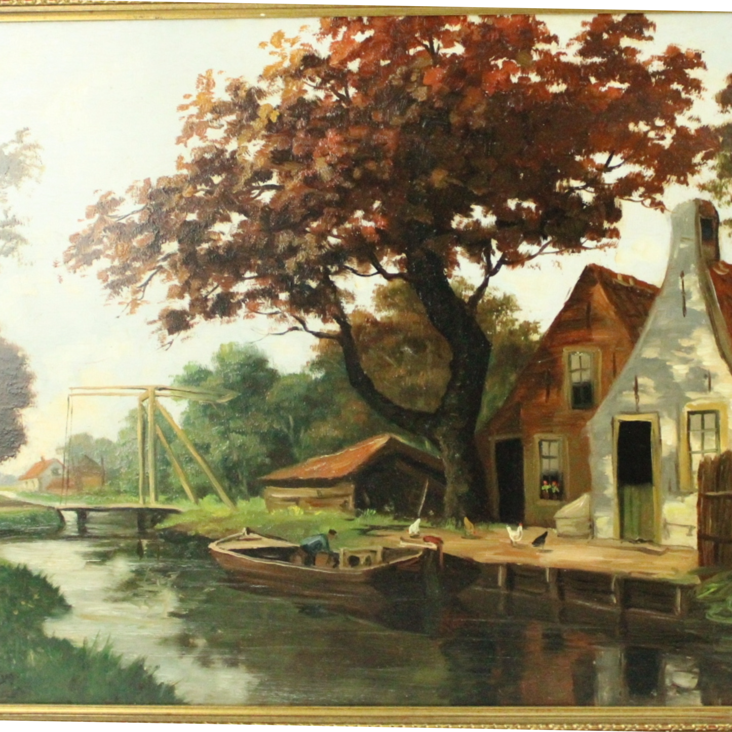 Oil Painting on Canvas – Dutch River Landscape with Farmhouse & Drawbridge (Mid-20th Century)