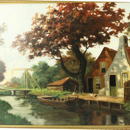 Oil Painting on Canvas – Dutch River Landscape with Farmhouse & Drawbridge (Mid-20th Century)