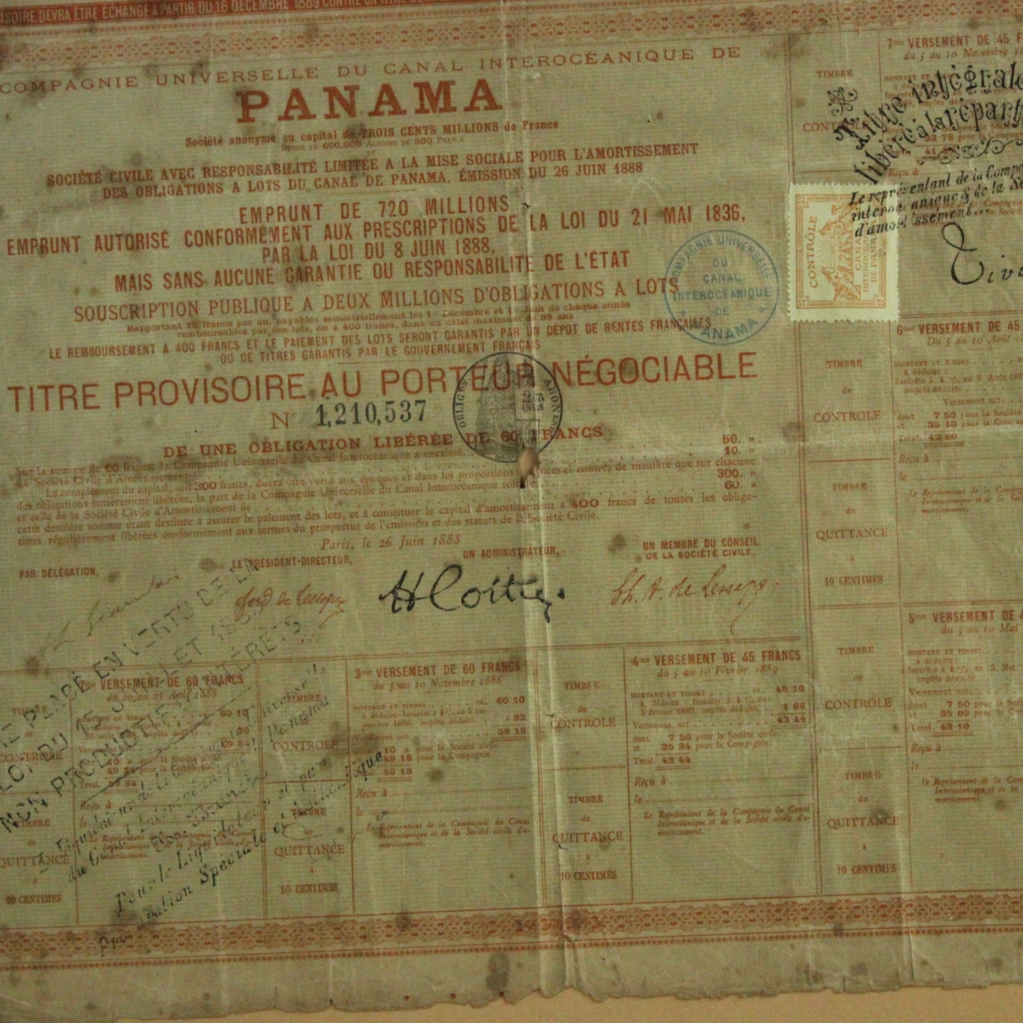 1888 French Panama Canal Bond – Compagnie Universelle du Canal Interocéanique de Panama