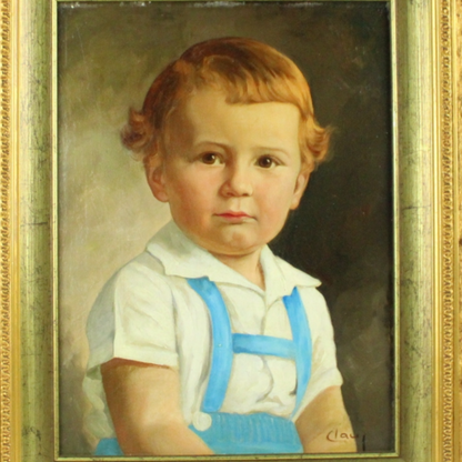 Vintage Oil Portrait of a Young Boy – Signed “Clay” – Gilt Ornate Frame (Mid-20th Century)