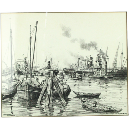 Framed Etching of Rotterdam Maas Harbor – Signed “H. Kloeneburg” – Mid-20th Century