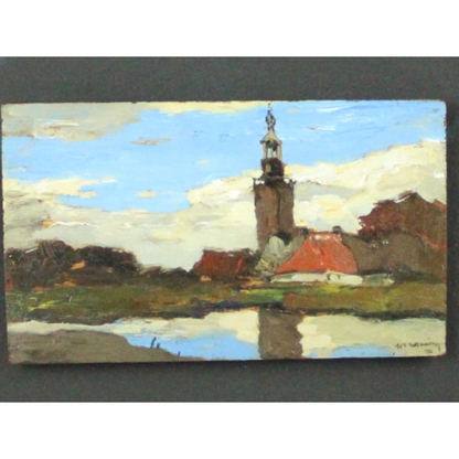 Small Oil Painting on Panel – Village Scene with Church – Signed, c. 1960–1980