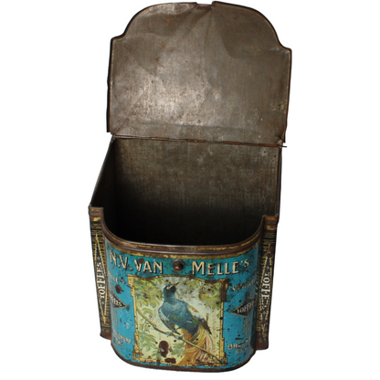 Zeldzaam antiek Van Melle reclameblik met exotische vogels – Breskens ca. 1920