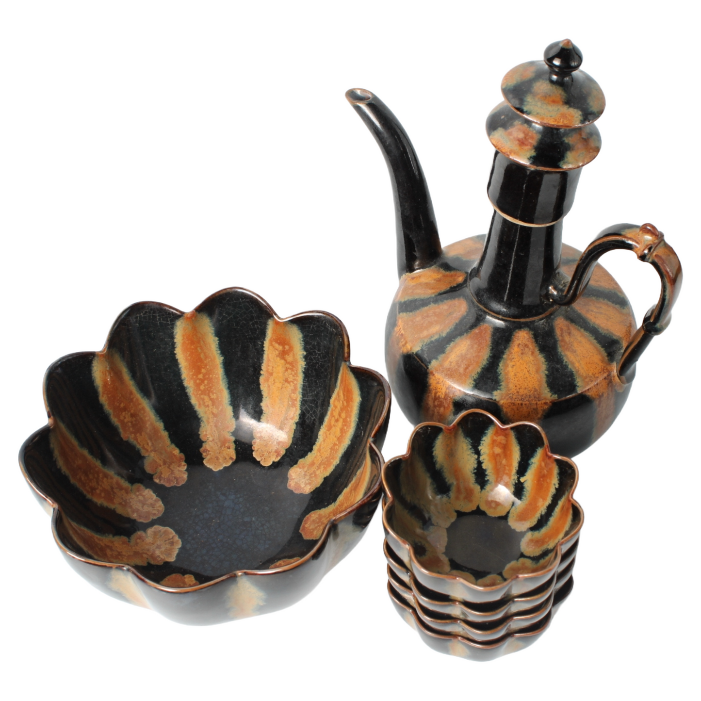Mid-century keramisch theeservies met druipglazuur (ca. 1950–1970)