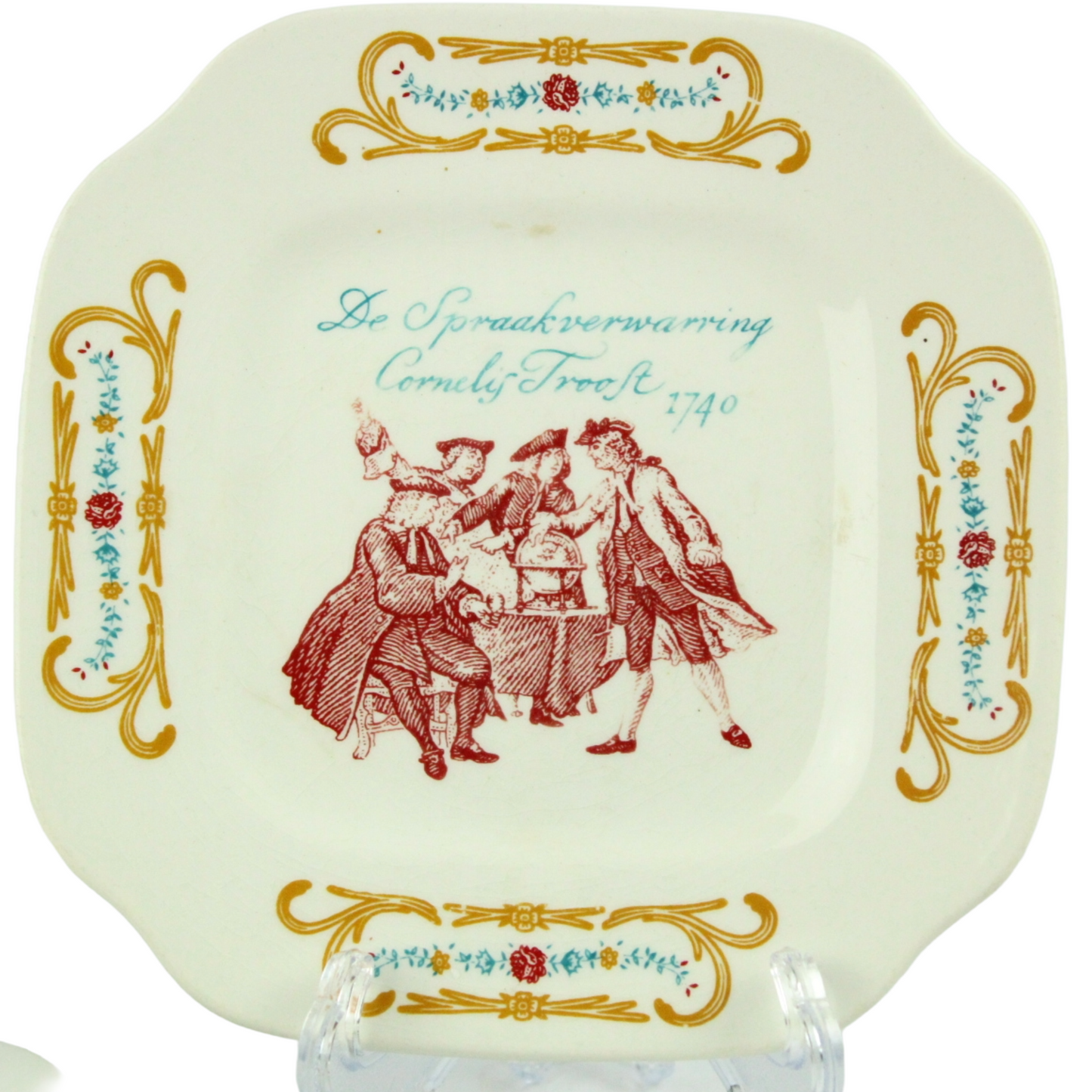 Set of 4 Antique Dessert Plates – Boch Frères Keramis, “De Spraakverwarring” after Cornelis Troost (ca. 1900–1930)