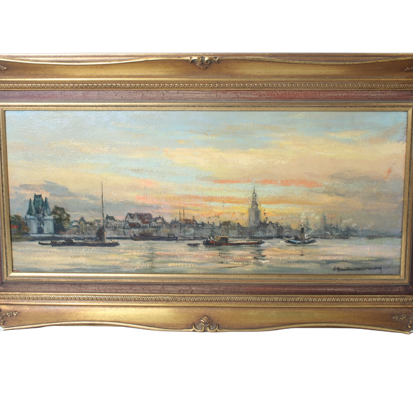 Panoramic River and Cityscape at Evening Light – circa 1920–1940