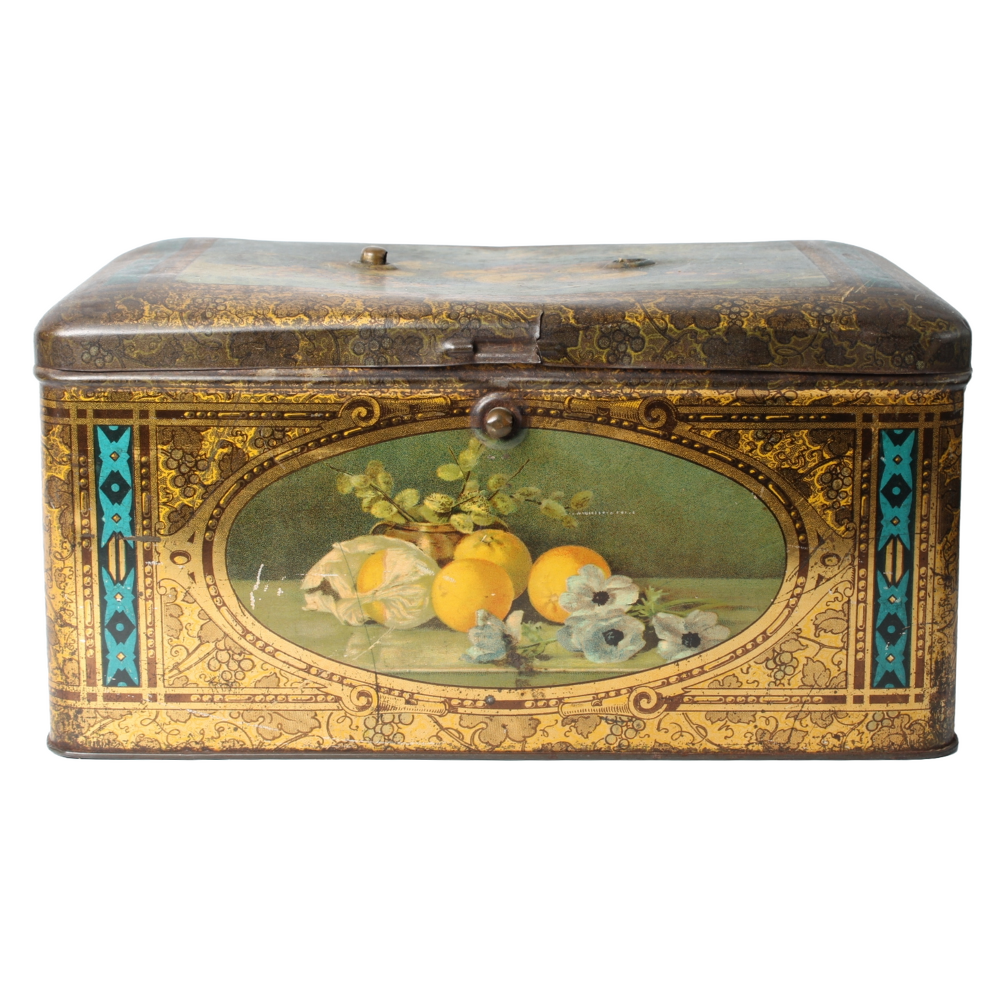 Antique Tin Container with Fruit Still Life Decoration, c. 1890–1910