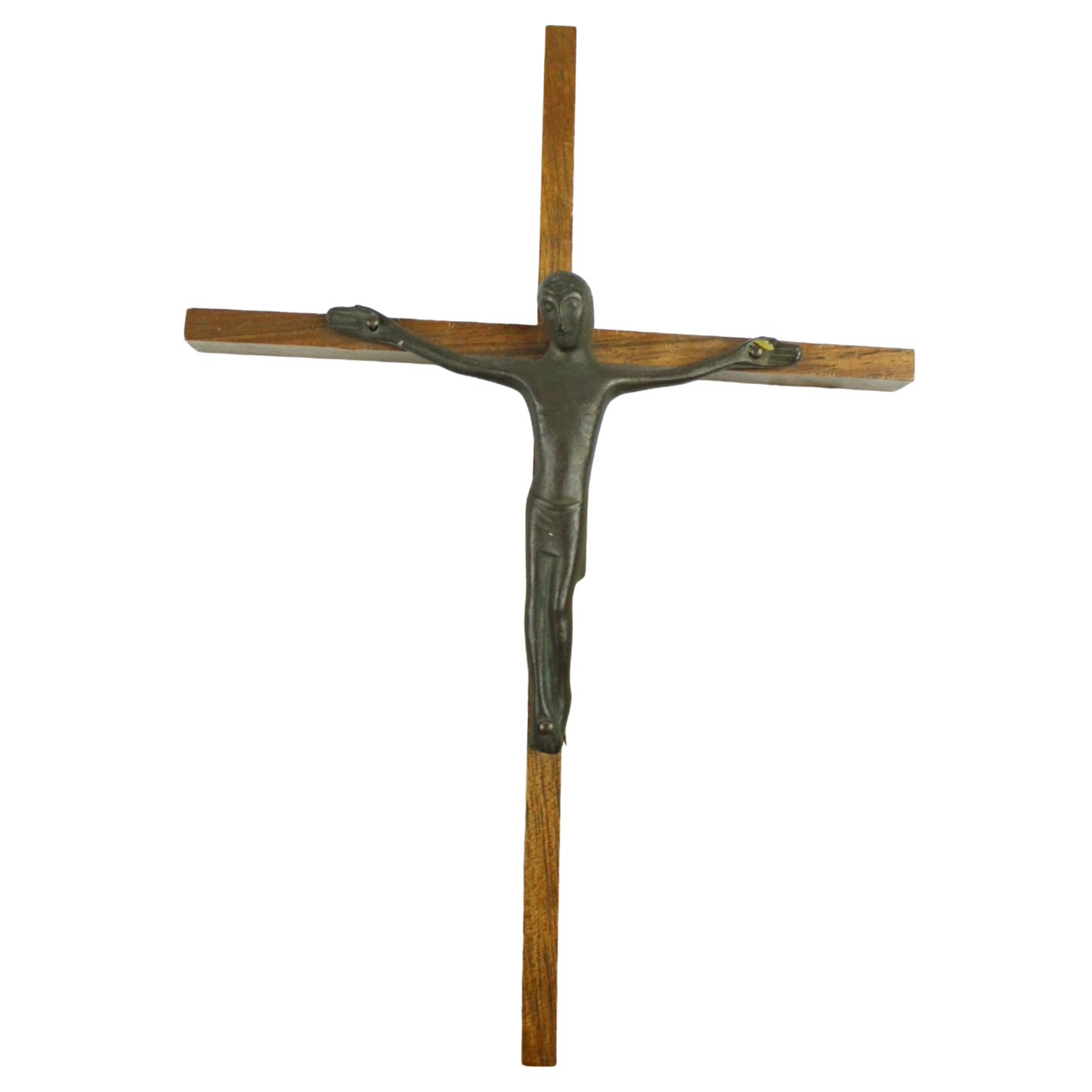 Mid-Century Modern Crucifix – Wooden Cross with Stylized Metal Corpus (ca. 1950–1970)