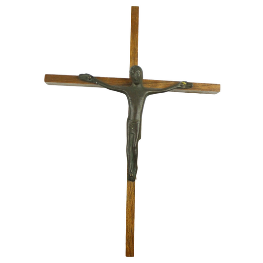 Mid-Century Modern Crucifix – Wooden Cross with Stylized Metal Corpus (ca. 1950–1970)