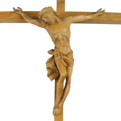 Hand-Carved Wooden Crucifix – Folk Art Wall Cross (ca. 1960–1980)