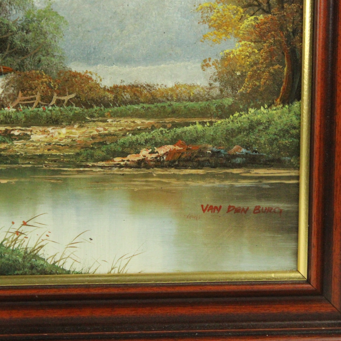 Oil Painting on Canvas – Rural Landscape with Farmhouse, Signed “Van den Burg” (Mid–Late 20th Century)