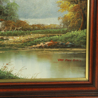 Oil Painting on Canvas – Rural Landscape with Farmhouse, Signed “Van den Burg” (Mid–Late 20th Century)