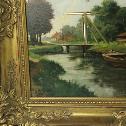 Oil Painting on Canvas – Dutch River Landscape with Farmhouse & Drawbridge (Mid-20th Century)