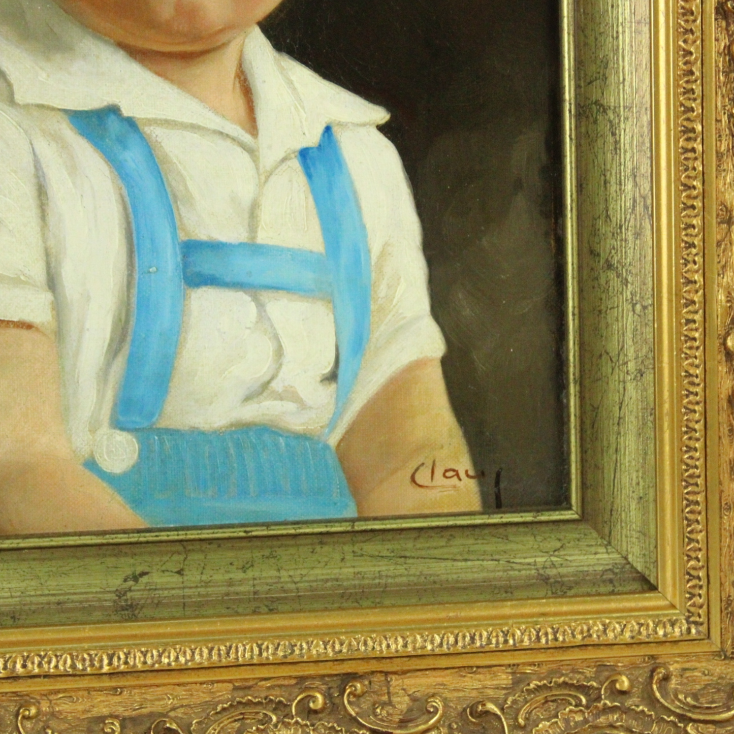 Vintage Oil Portrait of a Young Boy – Signed “Clay” – Gilt Ornate Frame (Mid-20th Century)